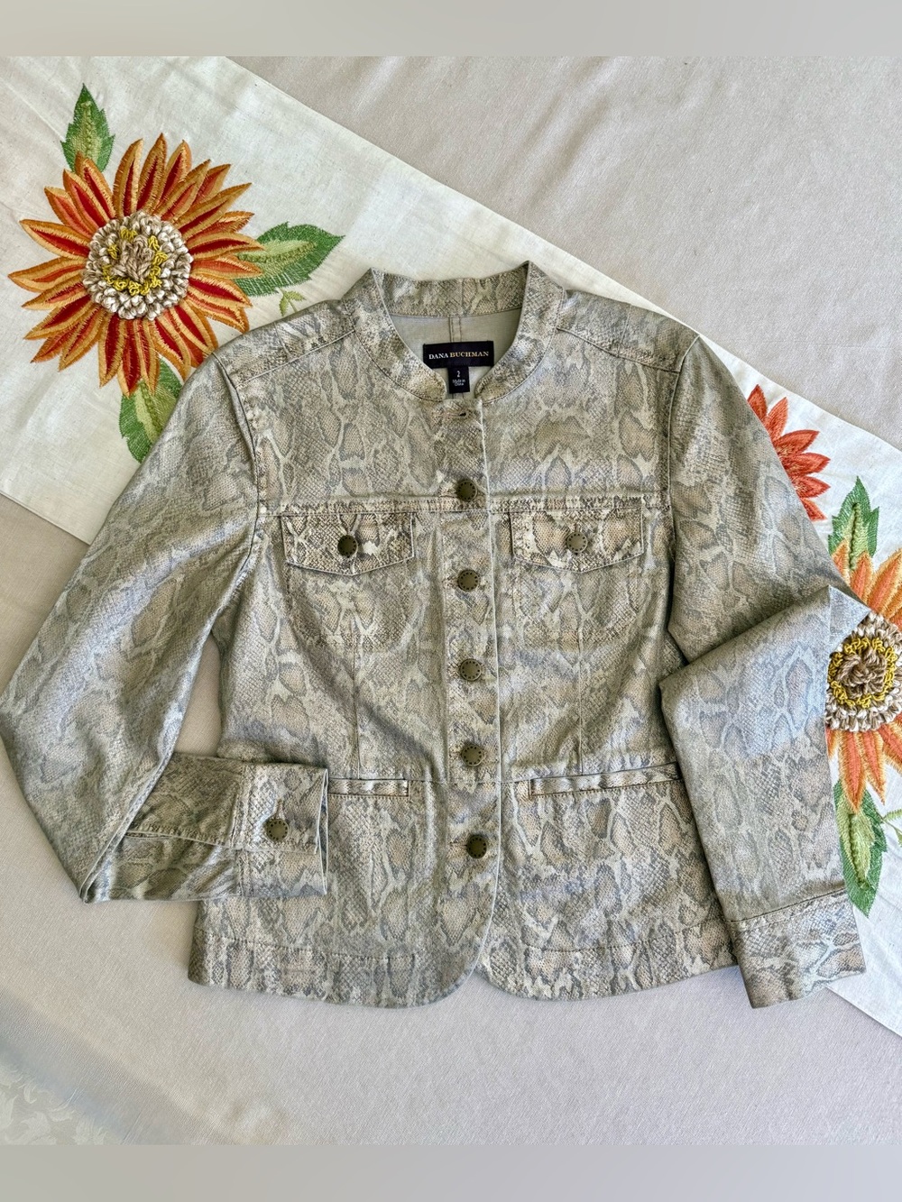 Dana Buchman Gold Metallic Snake-Print Button Jacket